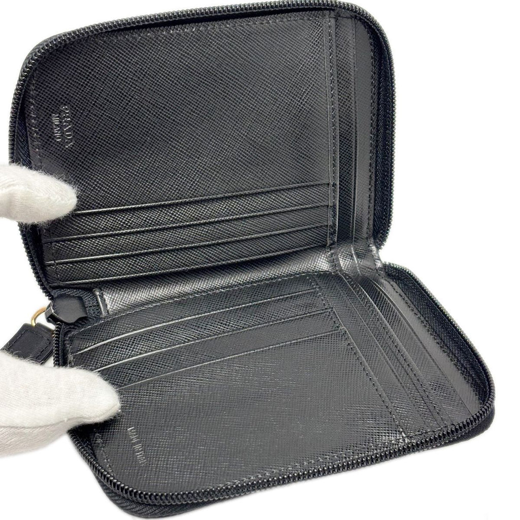 Prada Wallet Bifold Tessuto Nylon Leather Black Gold Zip Around — view 9