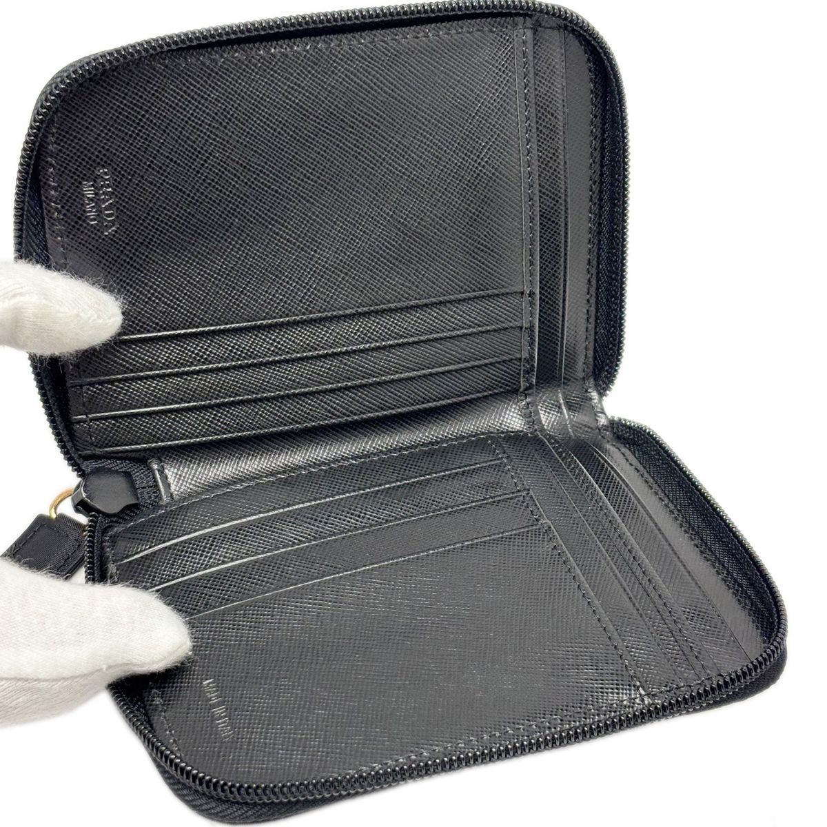 Prada Wallet Bifold Tessuto Nylon Leather Black Gold Zip Around — view 9
