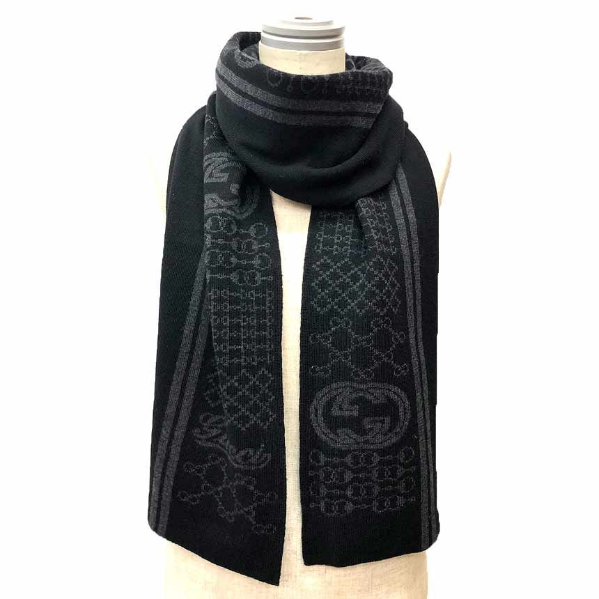 Gucci Wool Scarf Black Gray GG Bit Pattern — view 2