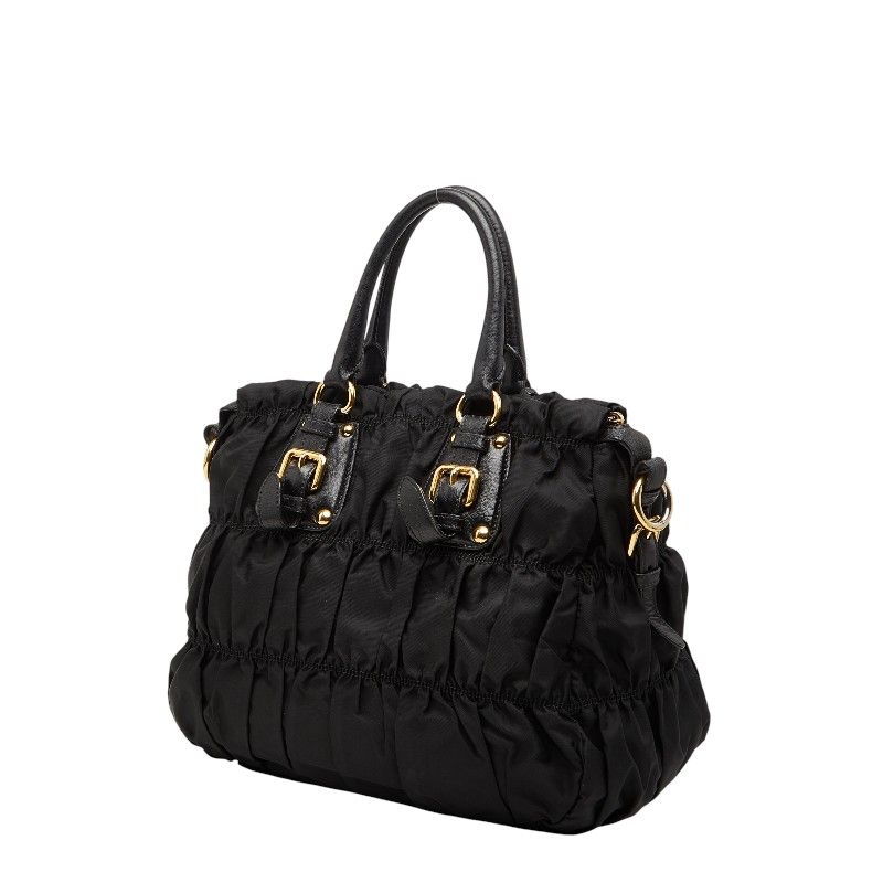 Prada Gather Logo Tote Shoulder Bag 2-Way Black Nylon Leather — view 2