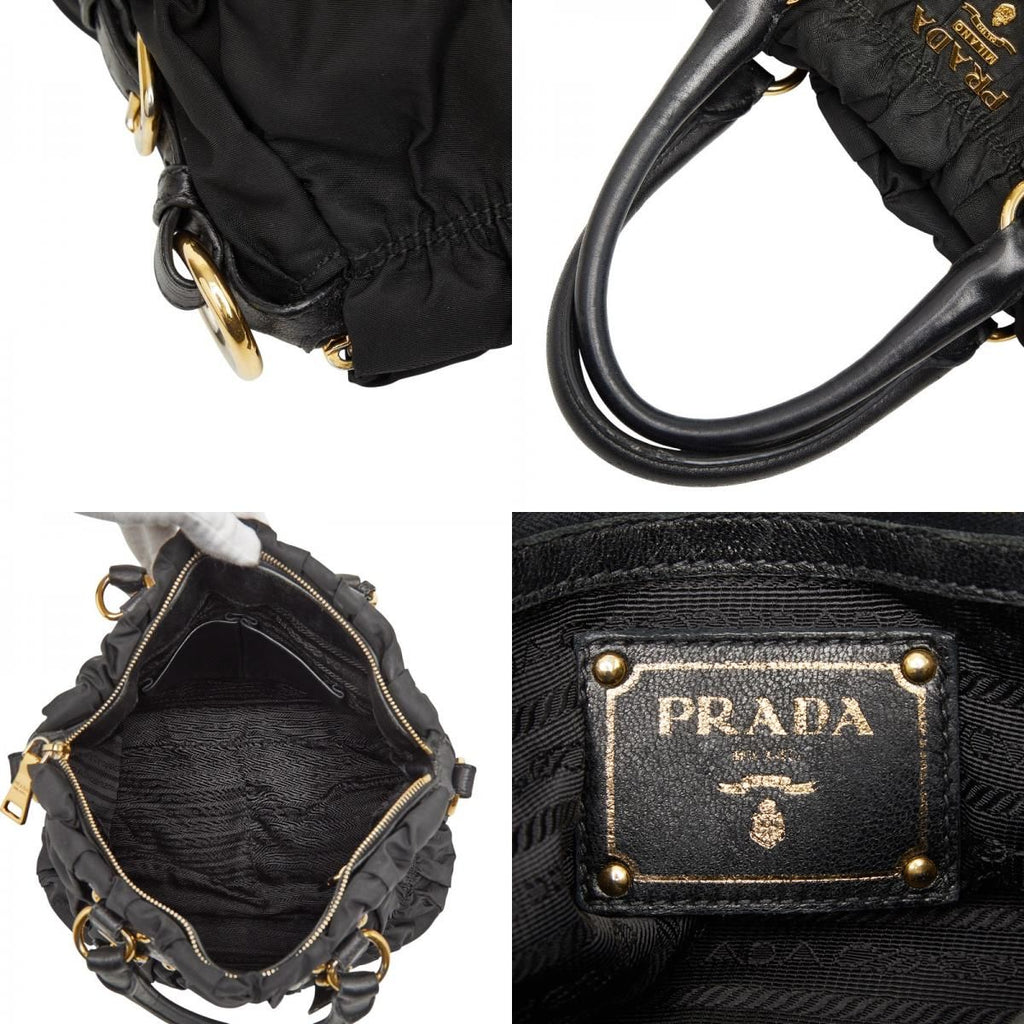 Prada Gather Logo Tote Shoulder Bag 2-Way Black Nylon Leather — view 9