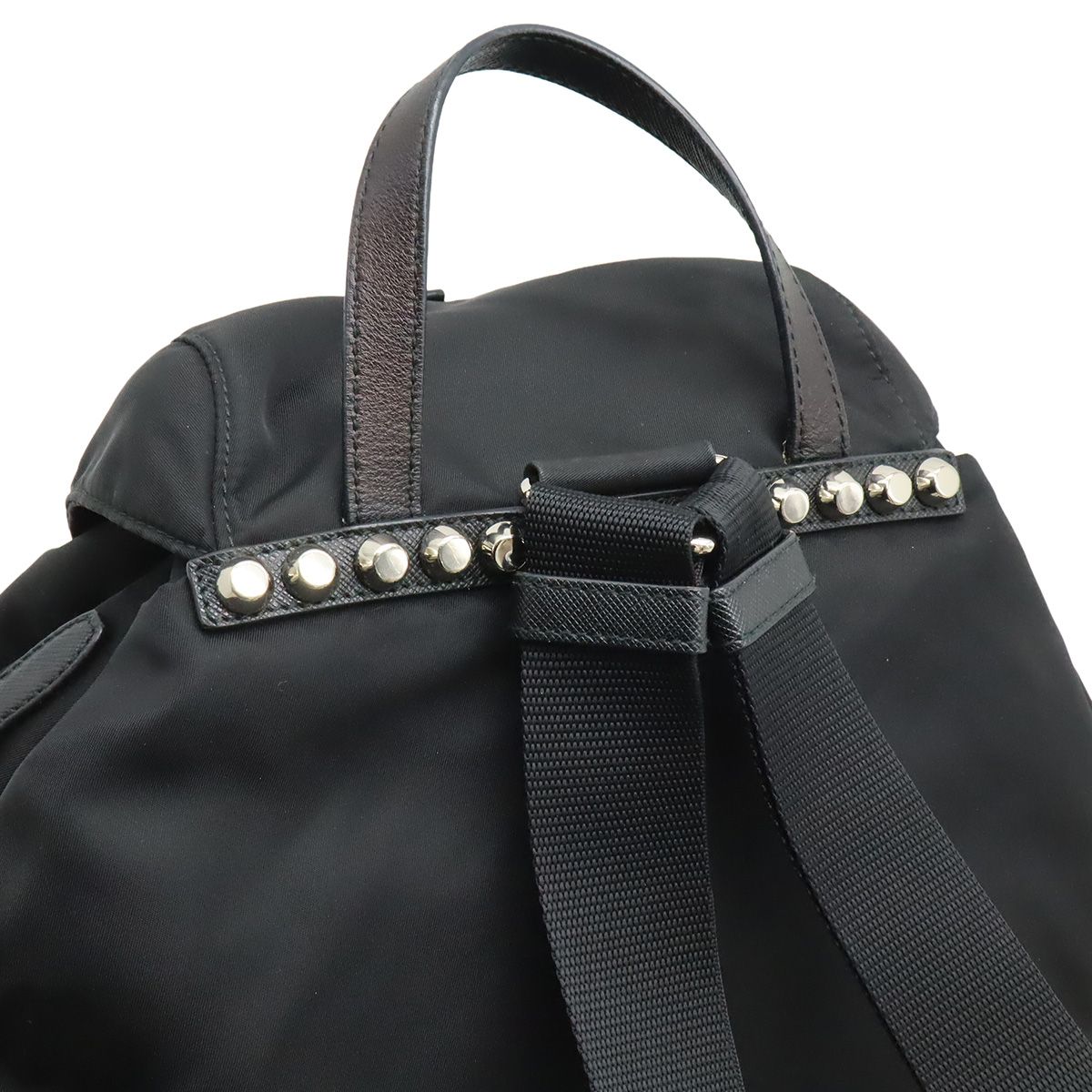 Prada Triangle Logo Backpack Studs Nylon Leather Nero Black — view 4