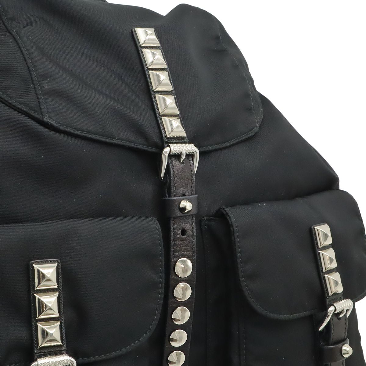 Prada Triangle Logo Backpack Studs Nylon Leather Nero Black — view 7