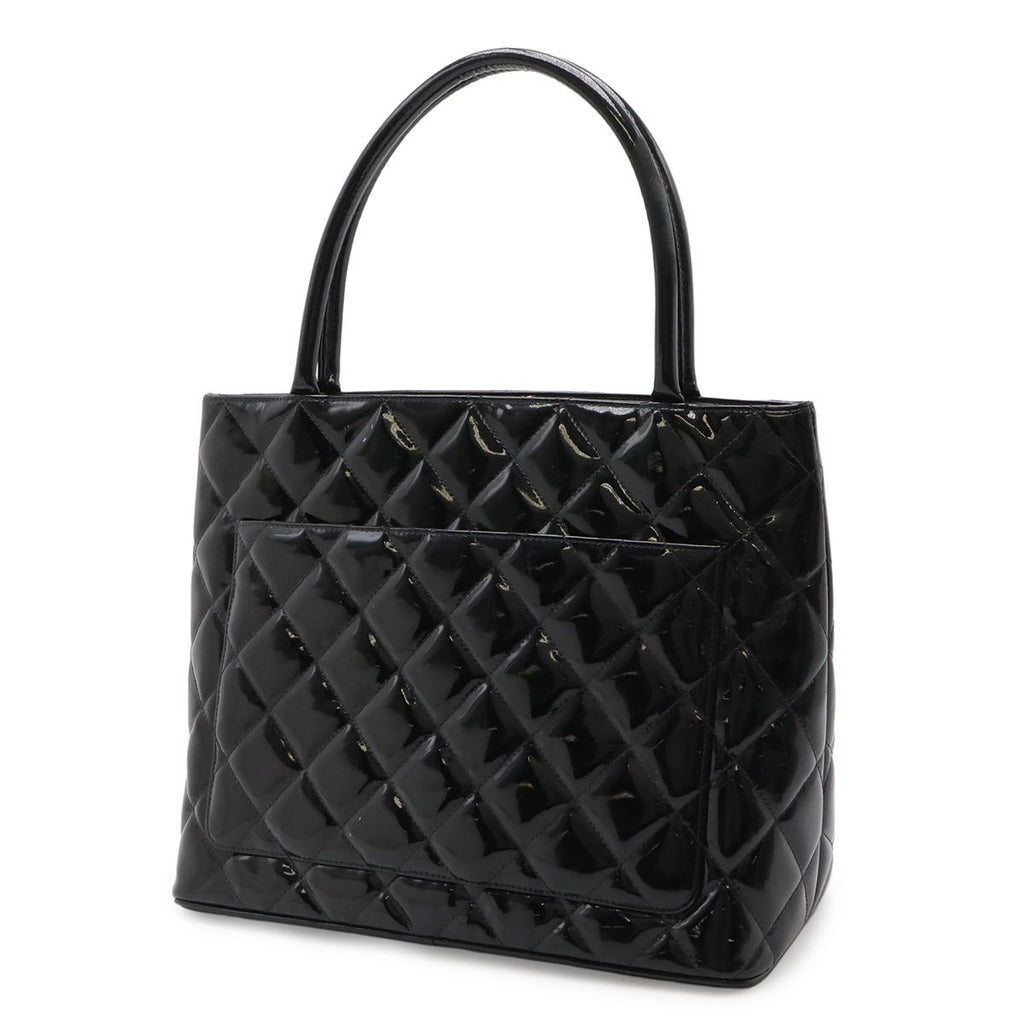 Chanel Quilted CC Logo Medallion Tote Shoulder Bag Enamel Leather Black — view 2