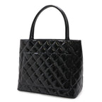 Chanel Quilted CC Logo Medallion Tote Shoulder Bag Enamel Leather Black — view 2