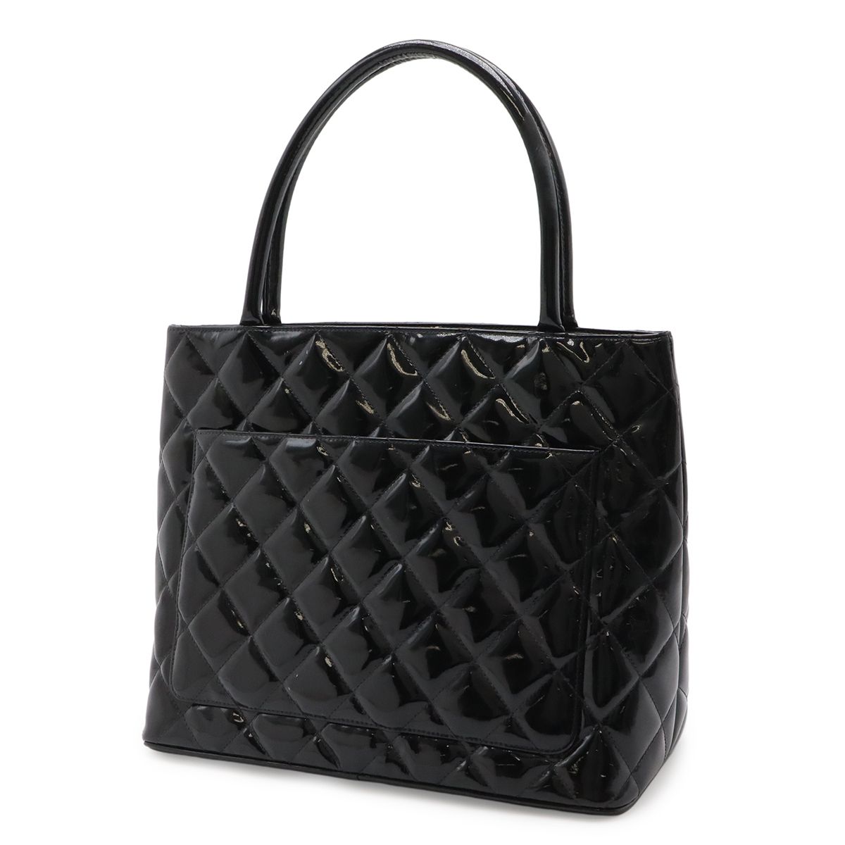 Chanel Quilted CC Logo Medallion Tote Shoulder Bag Enamel Leather Black — view 2