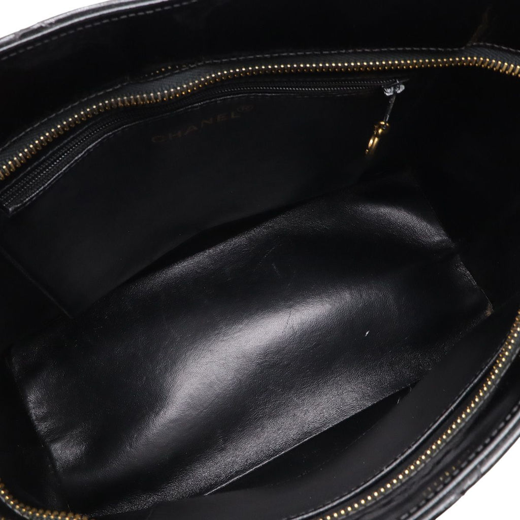 Chanel Quilted CC Logo Medallion Tote Shoulder Bag Enamel Leather Black — view 6
