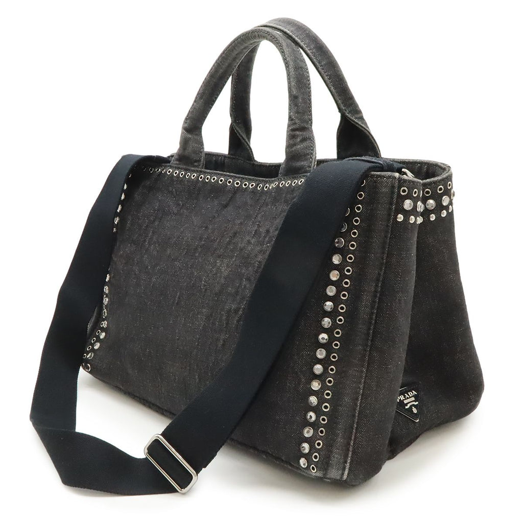 Prada Canapa Tote 2-Way Shoulder Bag Denim Visual Studs Nero Black Domestic — view 2