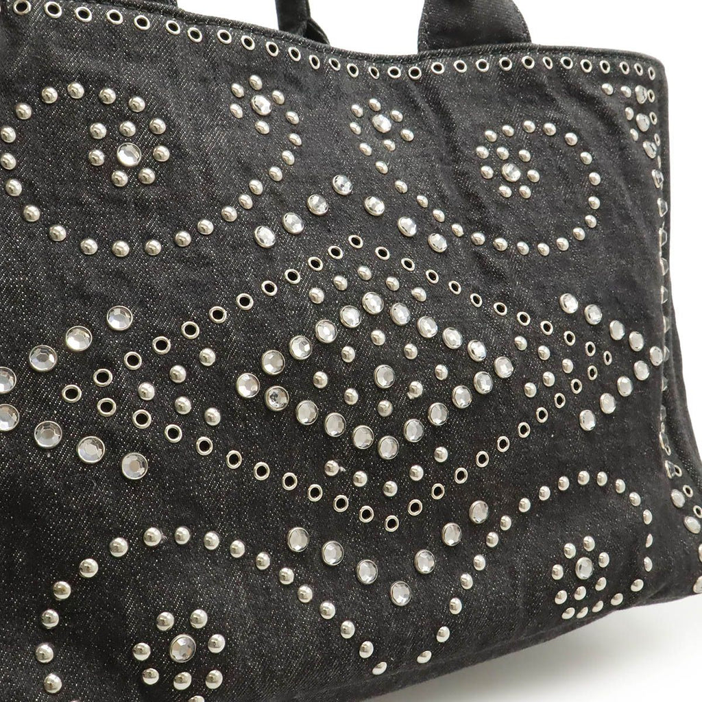 Prada Canapa Tote 2-Way Shoulder Bag Denim Visual Studs Nero Black Domestic — view 7