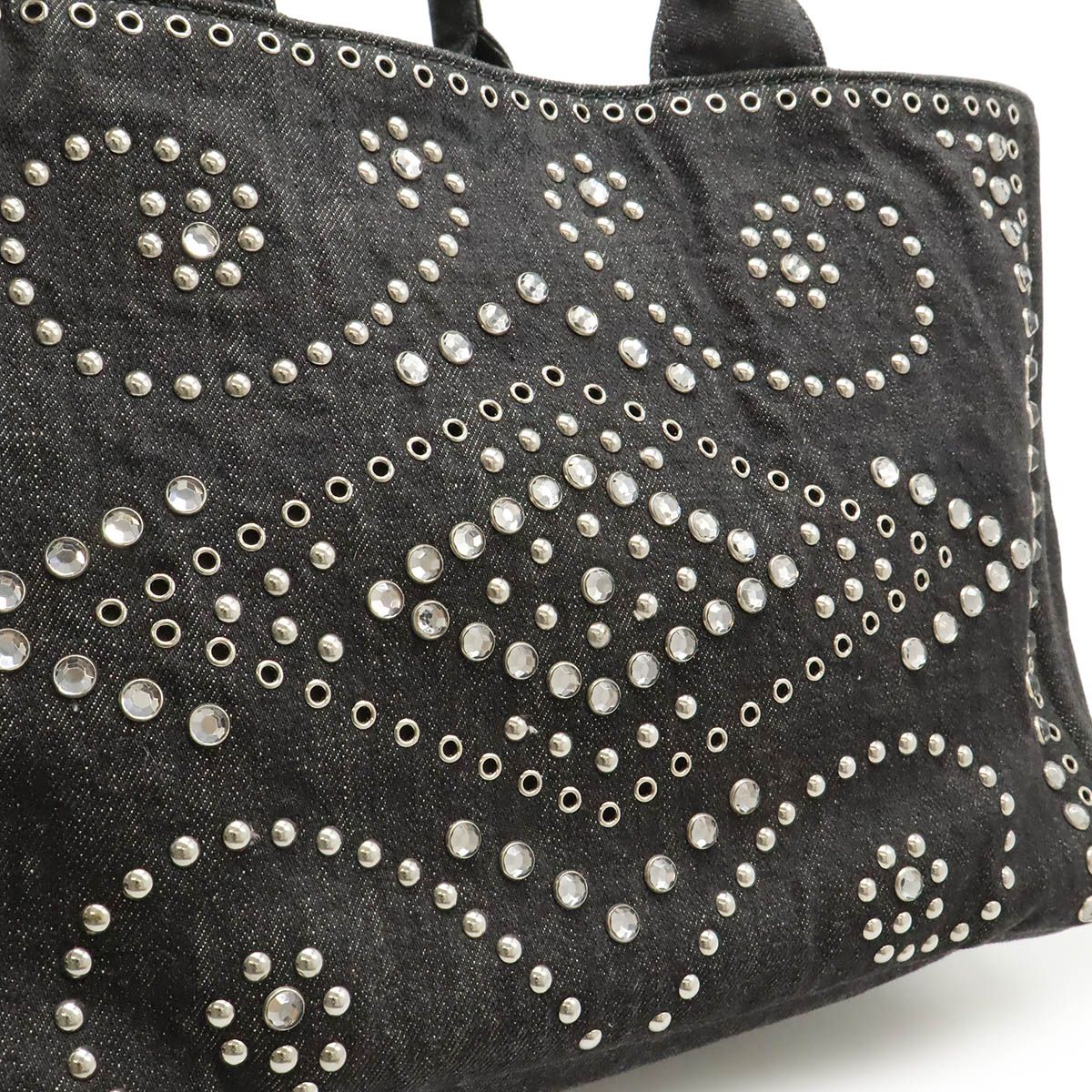 Prada Canapa Tote 2-Way Shoulder Bag Denim Visual Studs Nero Black Domestic — view 7