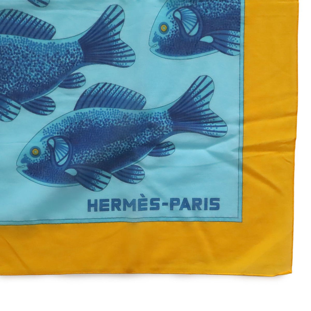 Hermes Large Shawl Scarf Pareo Fish Motif Pattern Cotton Blue — view 3