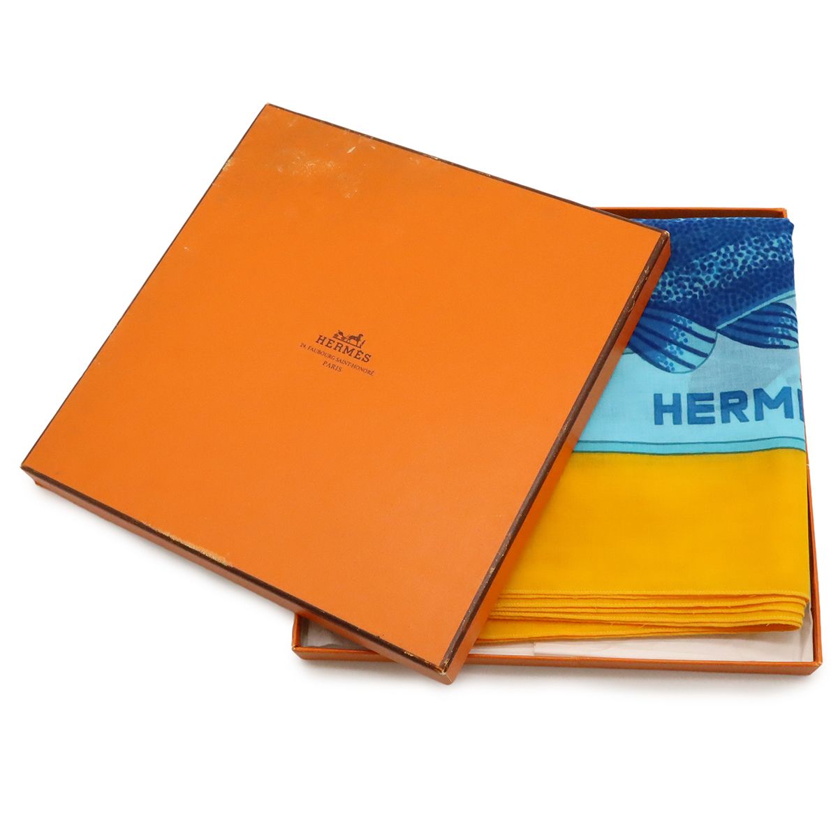 Hermes Large Shawl Scarf Pareo Fish Motif Pattern Cotton Blue — view 6