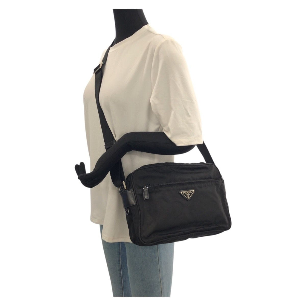 Prada Tessuto Black Silver Nylon Leather Shoulder Bag — view 7