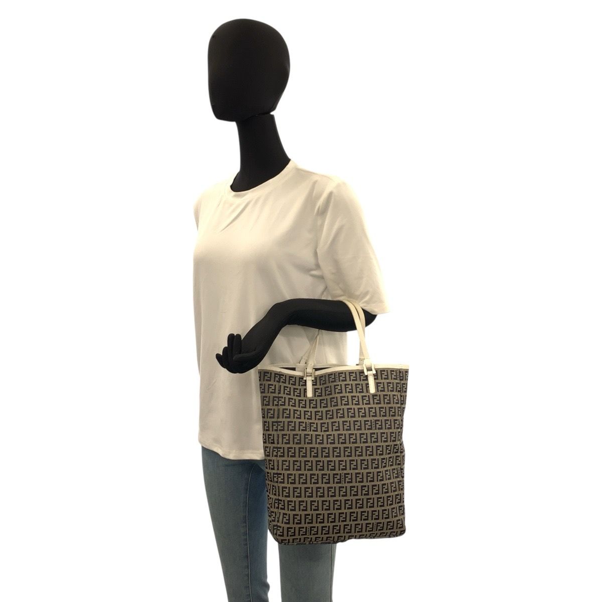 Fendi Zucchino Gray White Silver Canvas Leather Tote — view 6