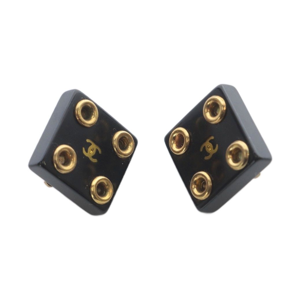 Chanel CC Logo Eyelet Square Earrings Black Gold — view 5