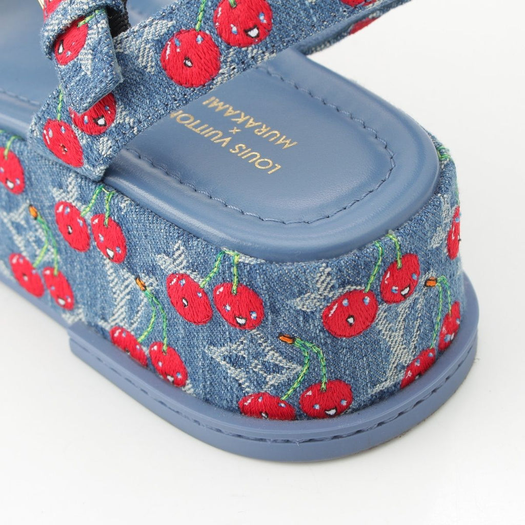Louis Vuitton Denim Takashi Murakami Cherry Maya Platform Sandals Blue — view 8