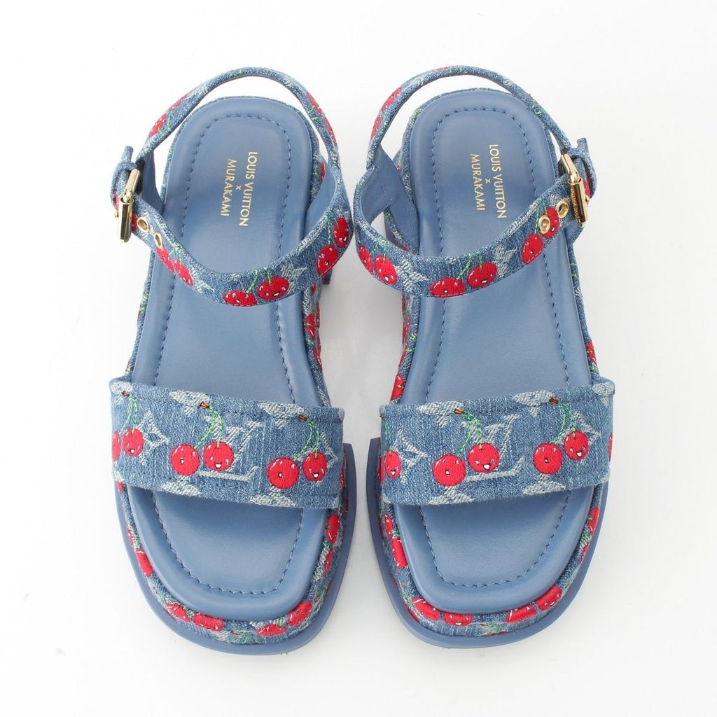 Louis Vuitton Denim Takashi Murakami Cherry Maya Platform Sandals Blue — view 2