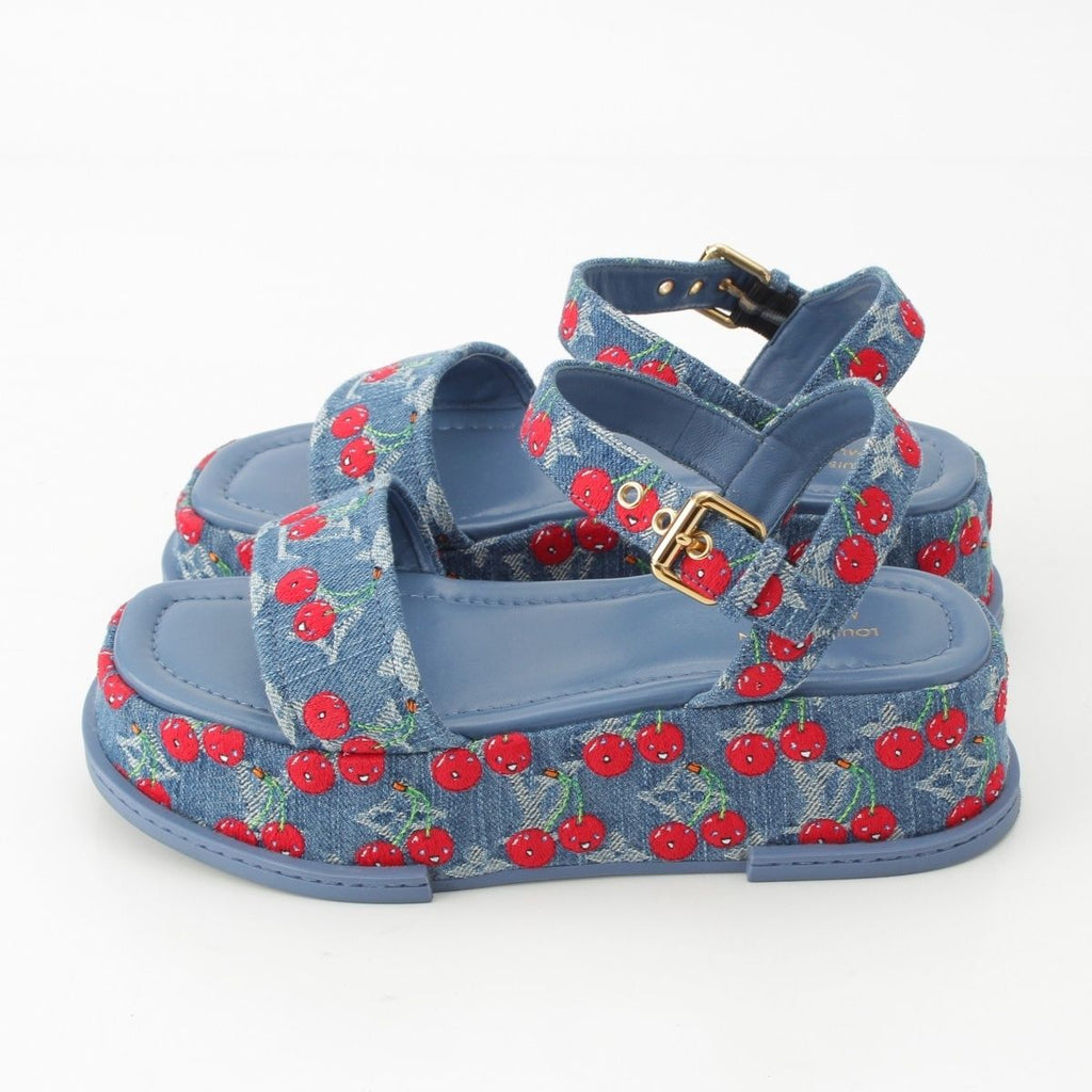 Louis Vuitton Denim Takashi Murakami Cherry Maya Platform Sandals Blue — view 3