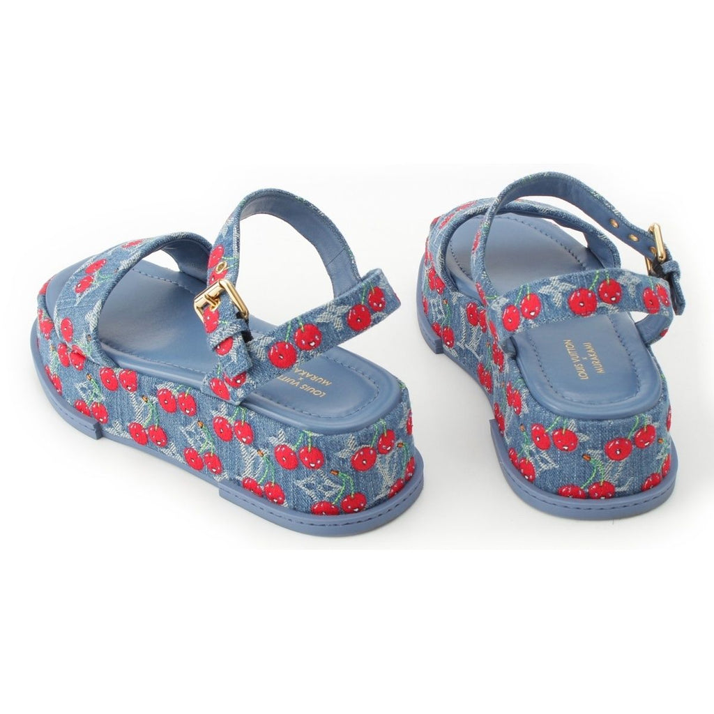 Louis Vuitton Denim Takashi Murakami Cherry Maya Platform Sandals Blue — view 4
