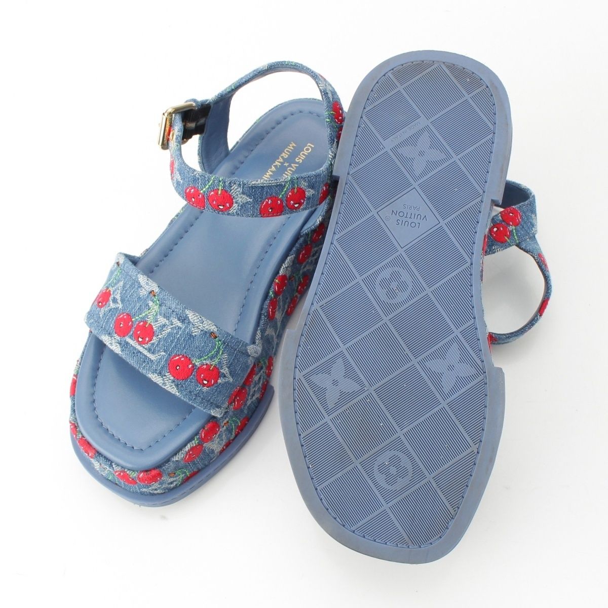Louis Vuitton Denim Takashi Murakami Cherry Maya Platform Sandals Blue — view 5
