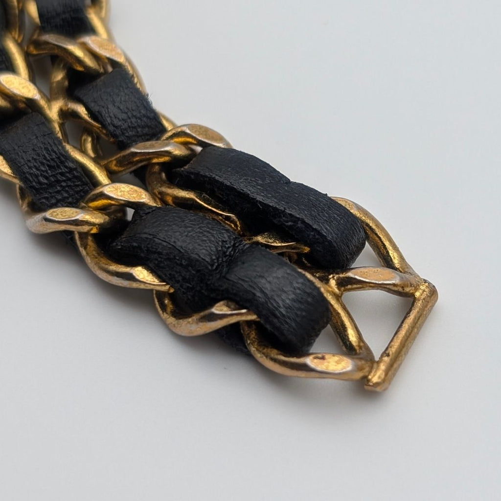 Chanel Leather Chain Belt CC Logo Round Gold Black — view 2