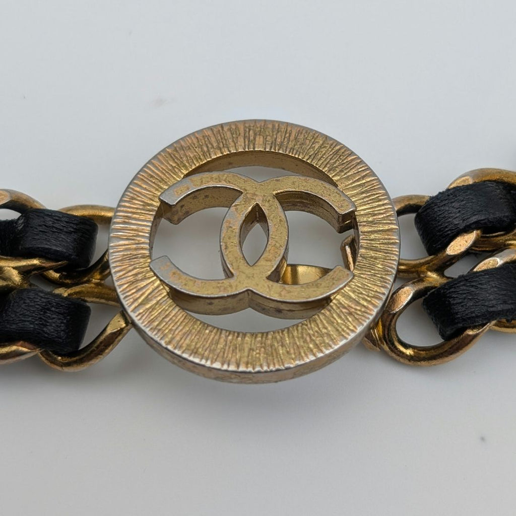Chanel Leather Chain Belt CC Logo Round Gold Black — view 7