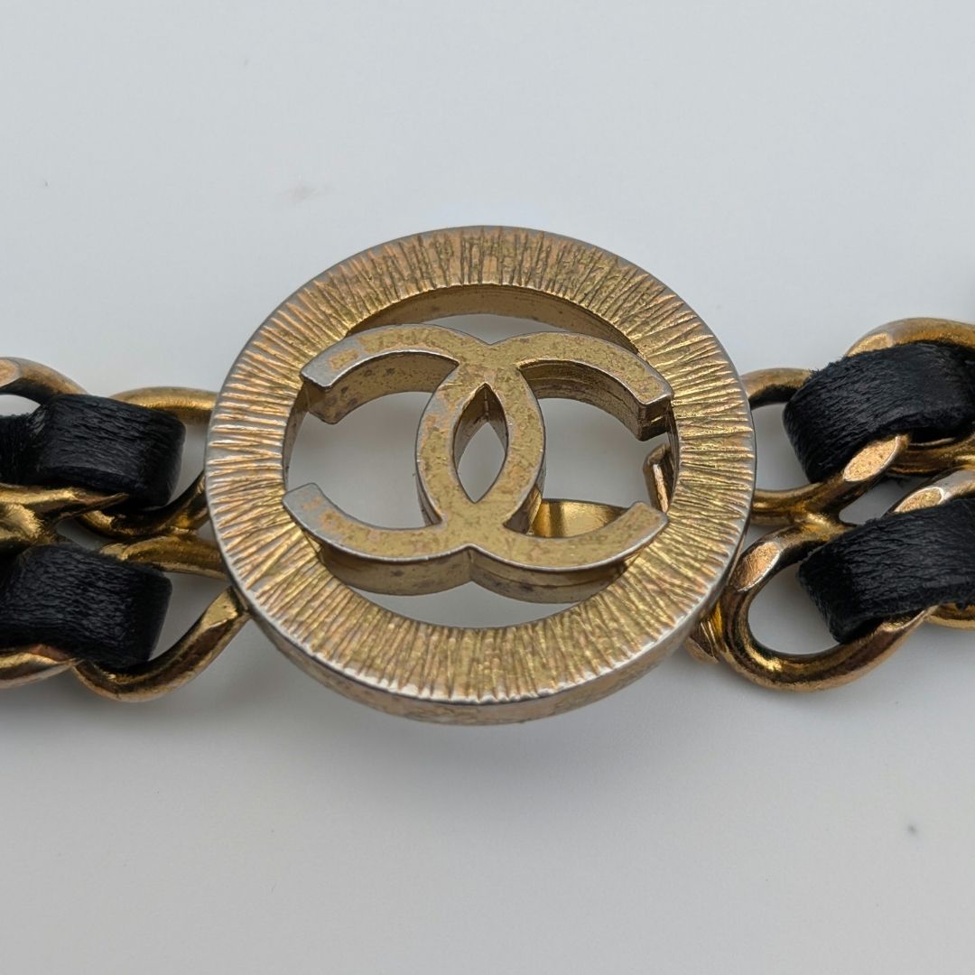 Chanel Leather Chain Belt CC Logo Round Gold Black — view 7
