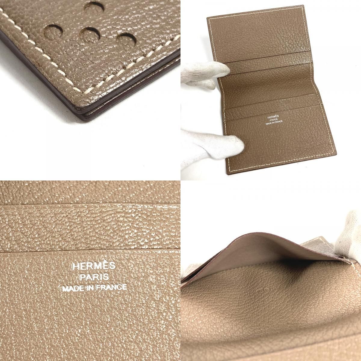 Hermes Card Case Evelyne Logo Perforated Leather Etoupe Beige — view 8