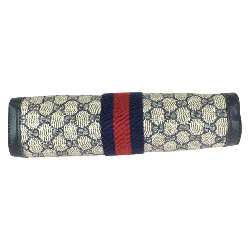 Gucci Vintage Sherry Line Navy Red GG Supreme Canvas Leather Clutch — view 9