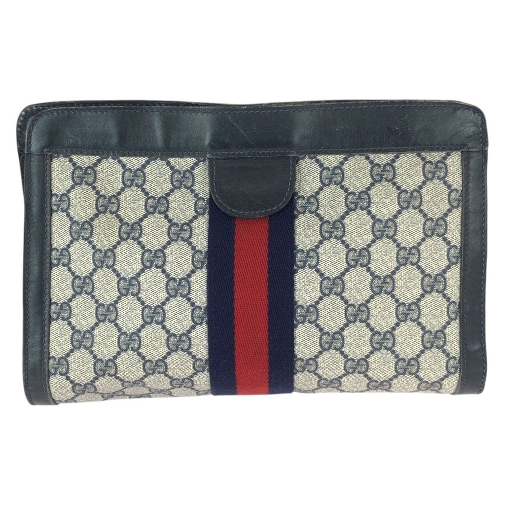 Gucci Vintage Sherry Line Navy Red GG Supreme Canvas Leather Clutch — view 2