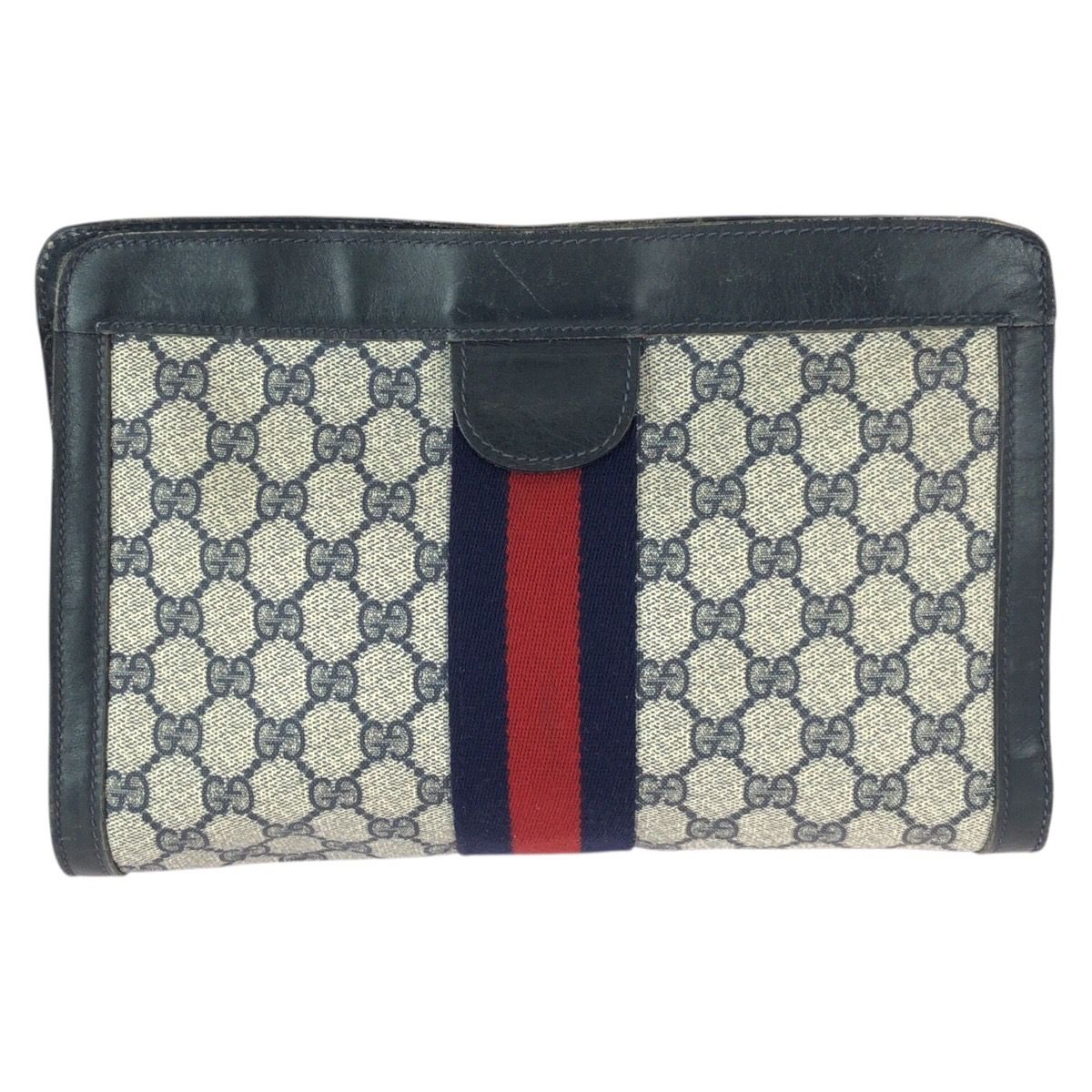Gucci Vintage Sherry Line Navy Red GG Supreme Canvas Leather Clutch — view 2