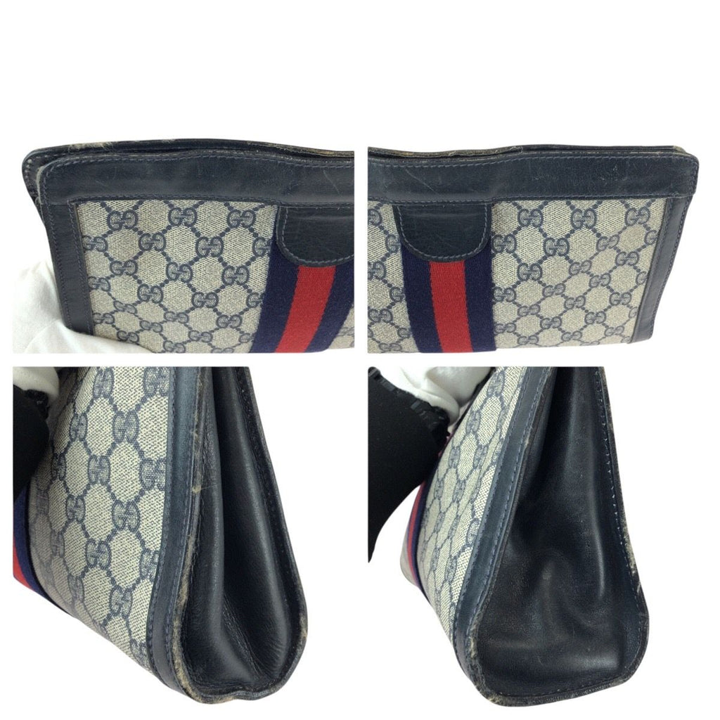 Gucci Vintage Sherry Line Navy Red GG Supreme Canvas Leather Clutch — view 5