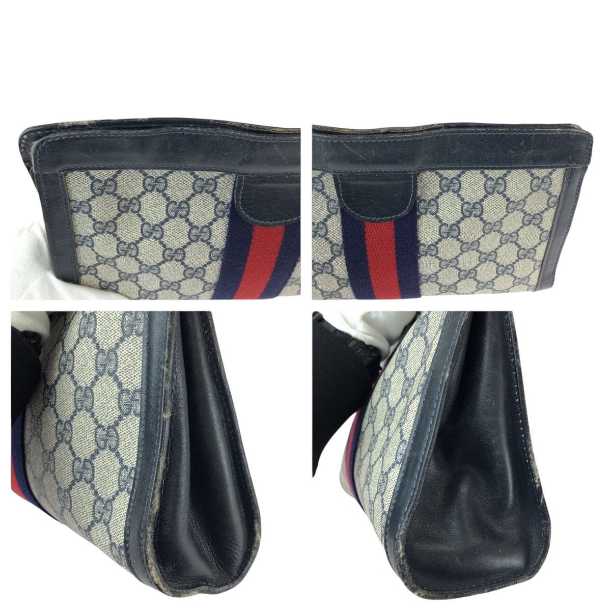 Gucci Vintage Sherry Line Navy Red GG Supreme Canvas Leather Clutch — view 5