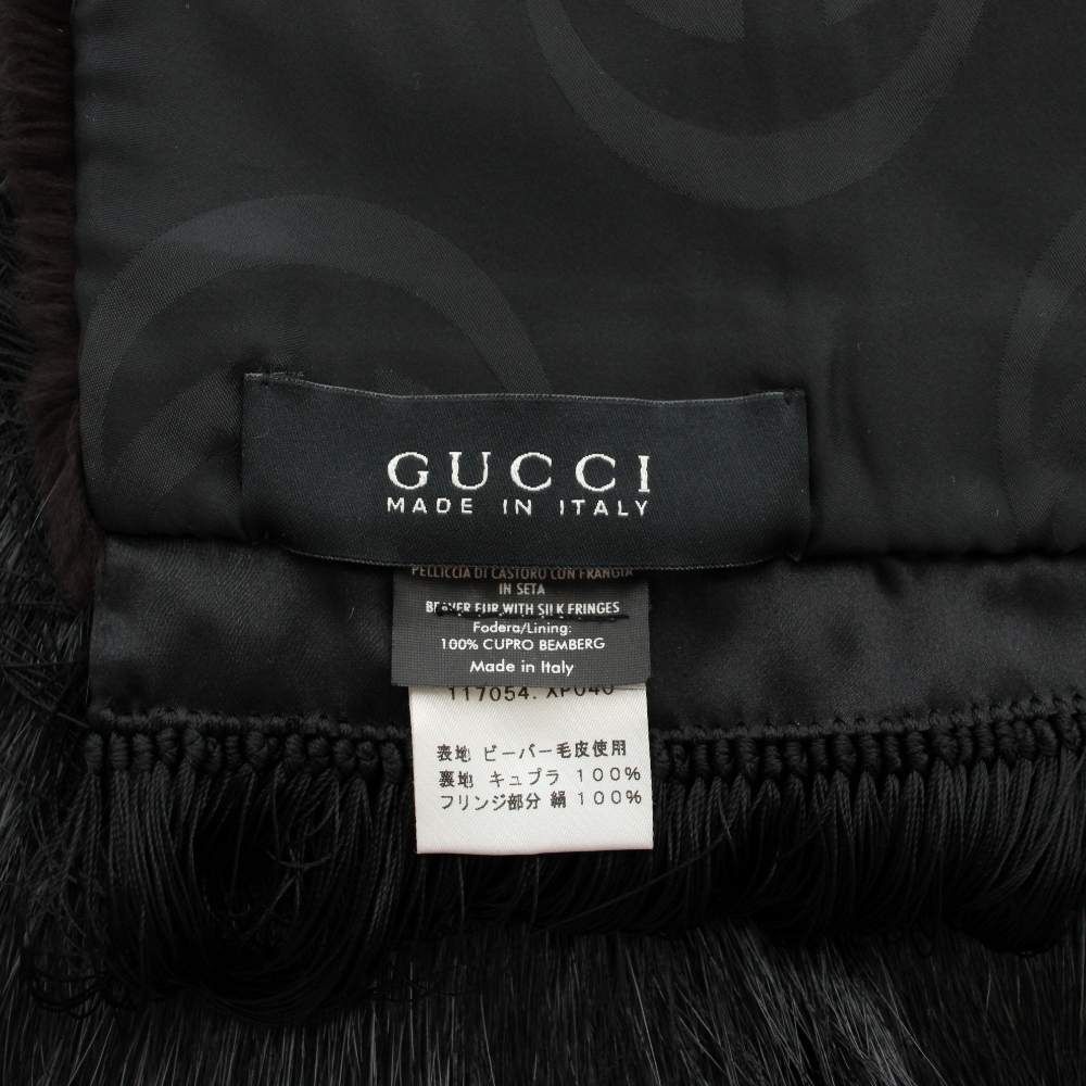Gucci Tippet Scarf Shawl Fur Beaver Silk Fringe Black — view 3