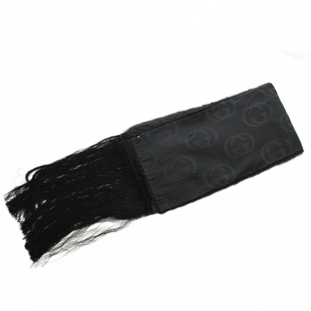 Gucci Tippet Scarf Shawl Fur Beaver Silk Fringe Black — view 2