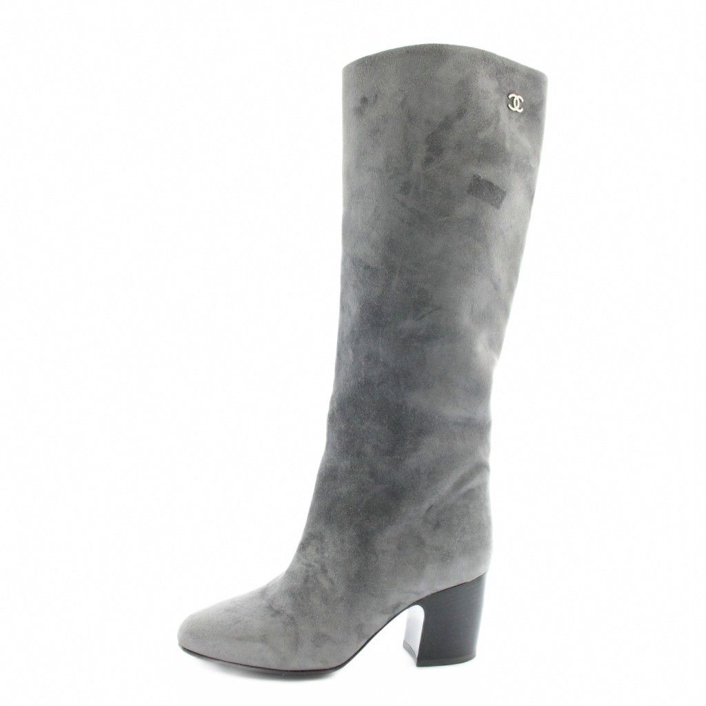 Chanel Long Boots Suede Round Toe Chunky Heel CC Logo 35.5 — view 2