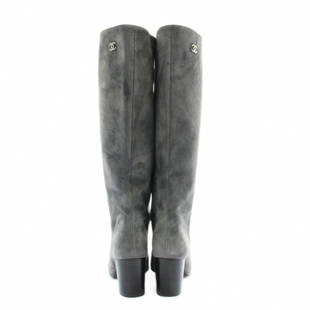 Chanel Long Boots Suede Round Toe Chunky Heel CC Logo 35.5 — view 5