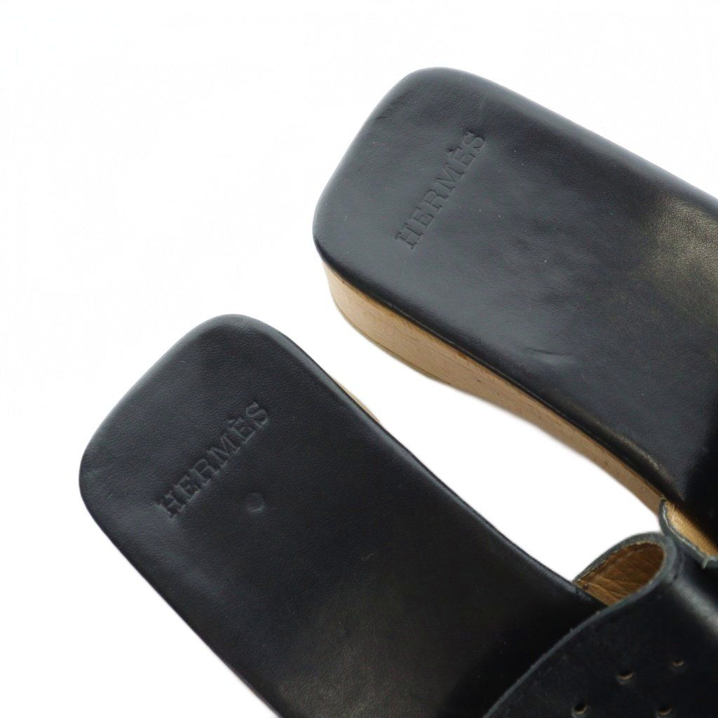 Hermes Evelyne Wood Sandals Mule Perforated Logo 36 Black — view 4