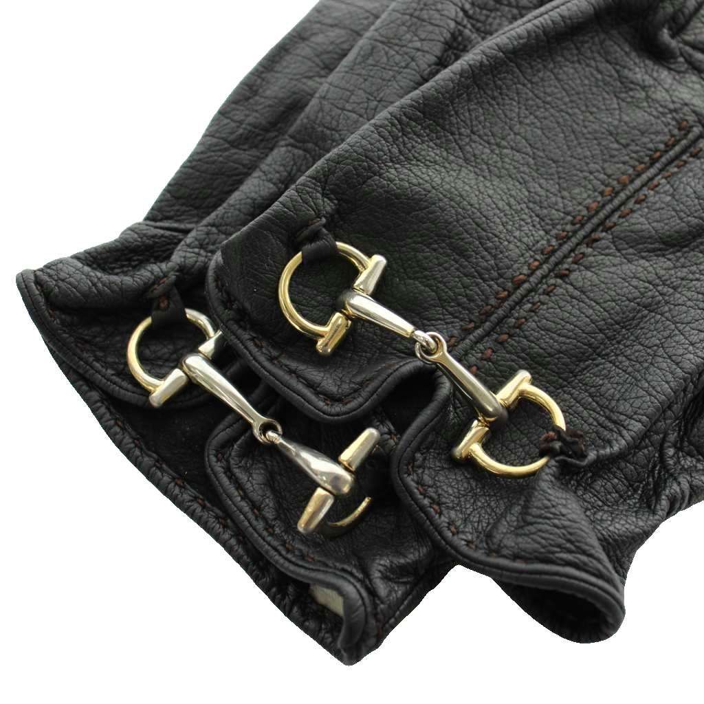 Gucci Gloves 5 Fingers Leather Horsebit Gold Black — view 5