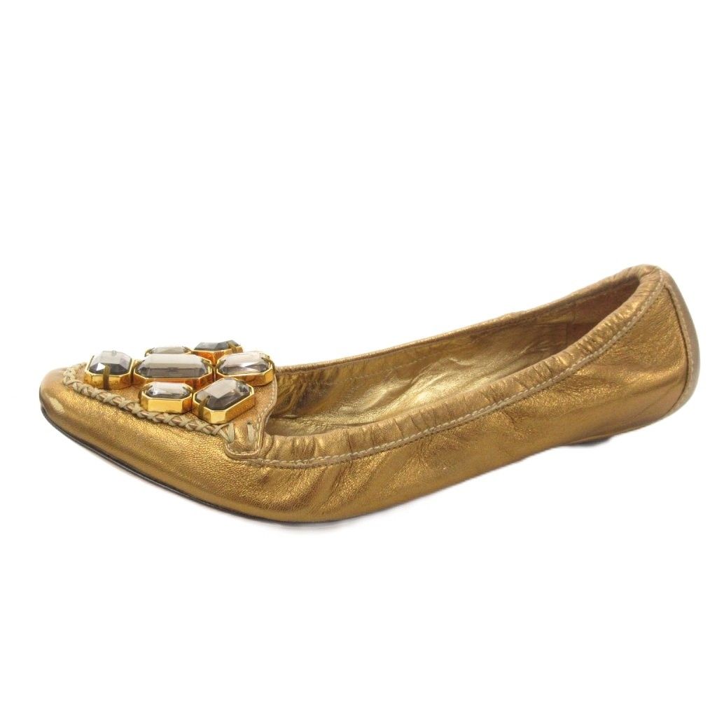 Prada Ballet Shoes Flat Visual Cut Stone 37 Gold Color Golden Ff — view 2