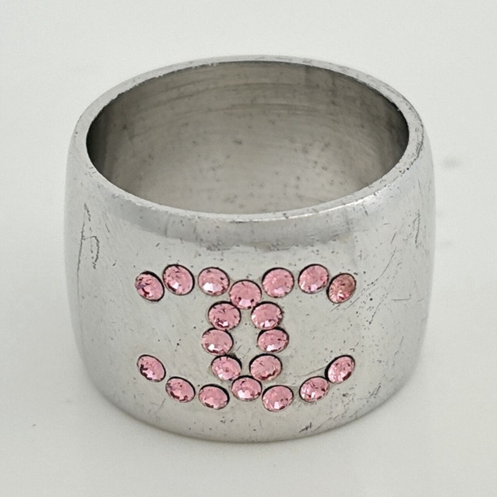 Chanel CC Logo Rhinestone Ring Silver Plated — view 2