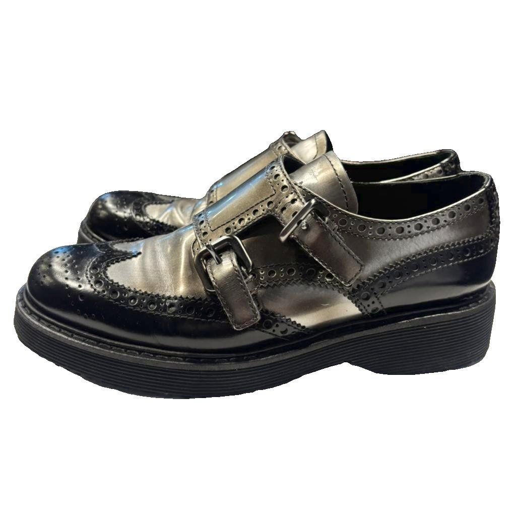 Prada Sport Leather Shoes Monk Strap Wing Tip Bicolor Sneakers 37 Black — view 2