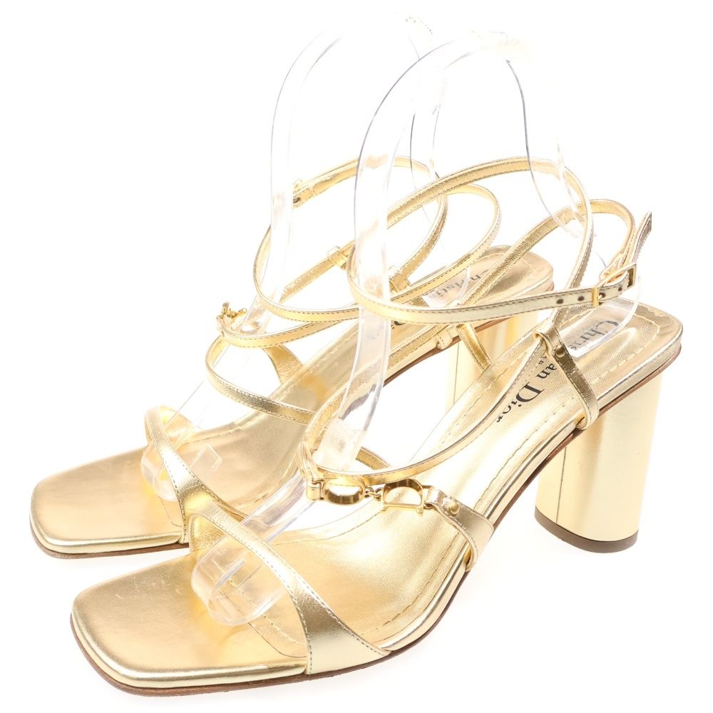 Dior CD Logo Belt Square Toe Heel Strap Sandals Shoes Gold — view 2