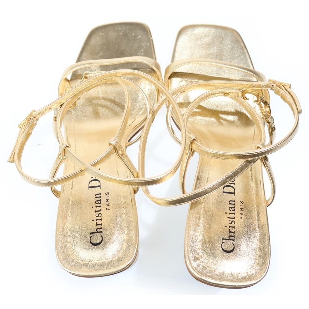 Dior CD Logo Belt Square Toe Heel Strap Sandals Shoes Gold — view 4