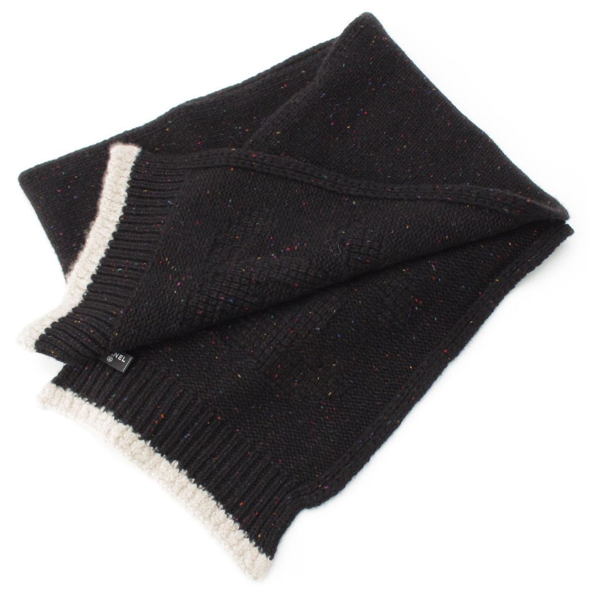 Chanel Cashmere Silk CC Logo Mixed Color Nep Knit Scarf Black — view 2