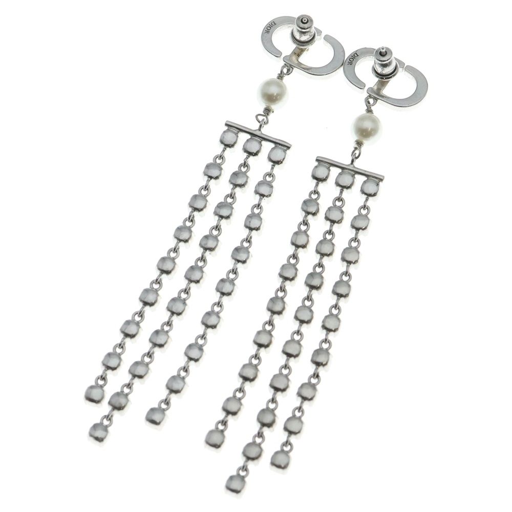 Dior CD Logo Rhinestone Pearl Chien Delia Earrings Silver — view 2
