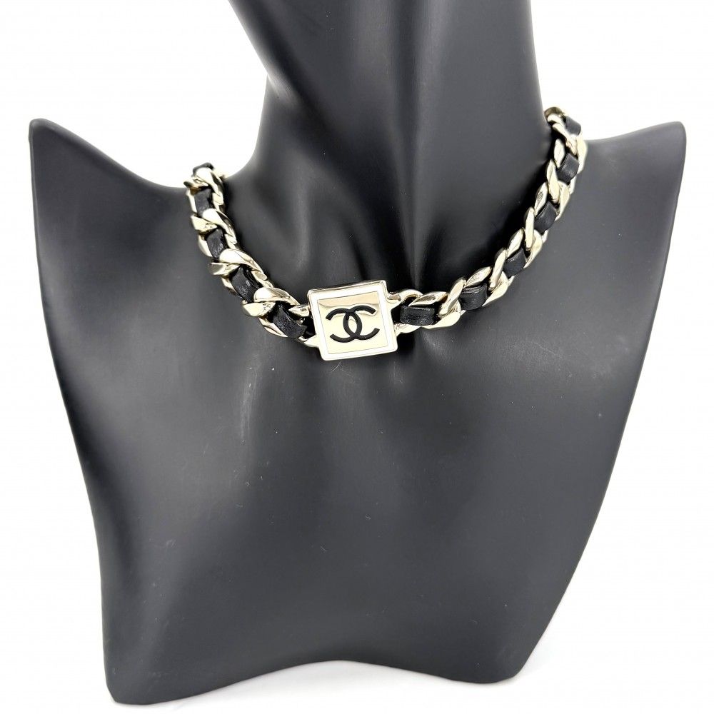 Chanel Choker CC Logo Chain Necklace with Adjuster Star Gold X Black — view 3