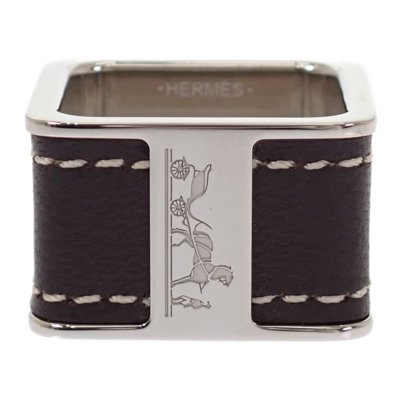 Hermes Bolduc Scarf Ring Metal Leather Silver Brown — view 5