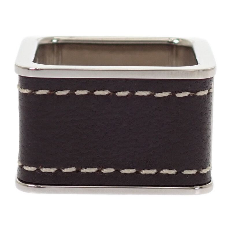 Hermes Bolduc Scarf Ring Metal Leather Silver Brown — view 2