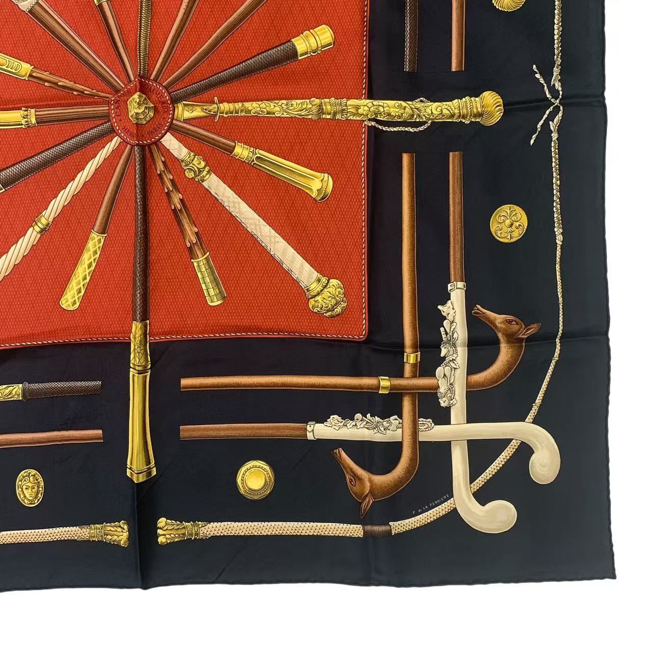 Hermes Carre 90 Cannes & pommeaux Cane Pattern Silk Black Scarf — view 5